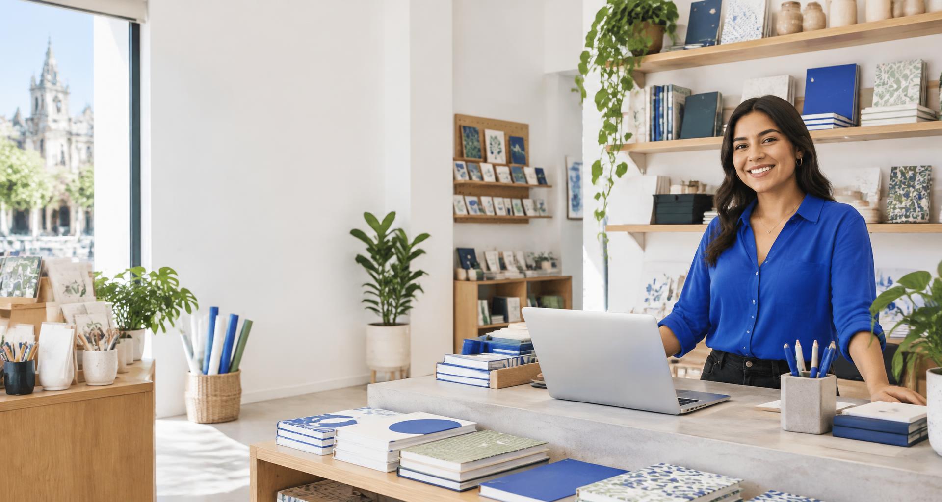 Escena ilustrativa de una emprendedora trabajando con su computadora en una tienda